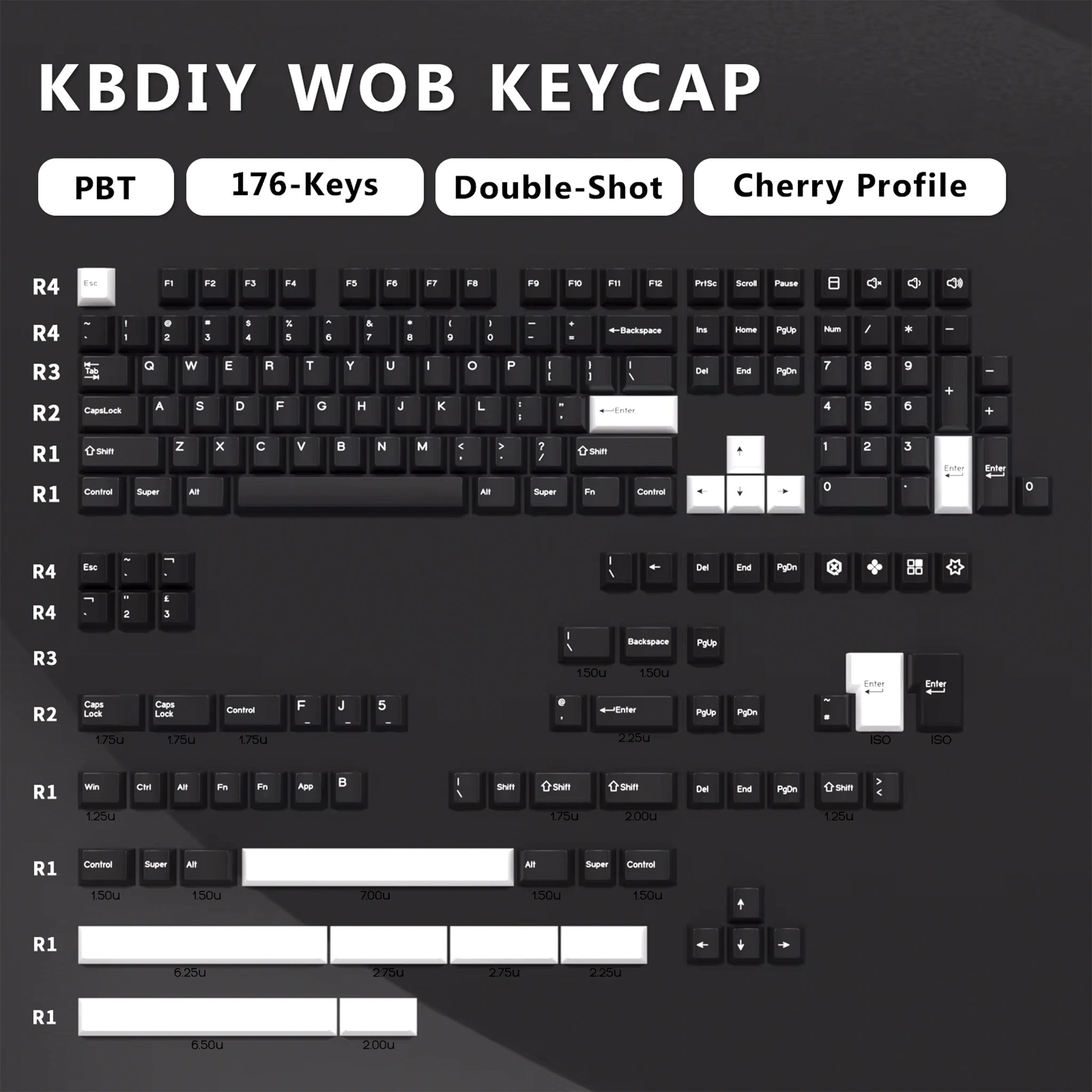White on Black Cherry Profile 176 Keycap Set - Mechboards
